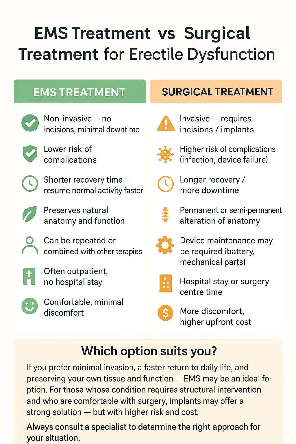 A table showing the benefits of EMS chair for erectile dysfunction treatment Milton Keynes compared to surgery.