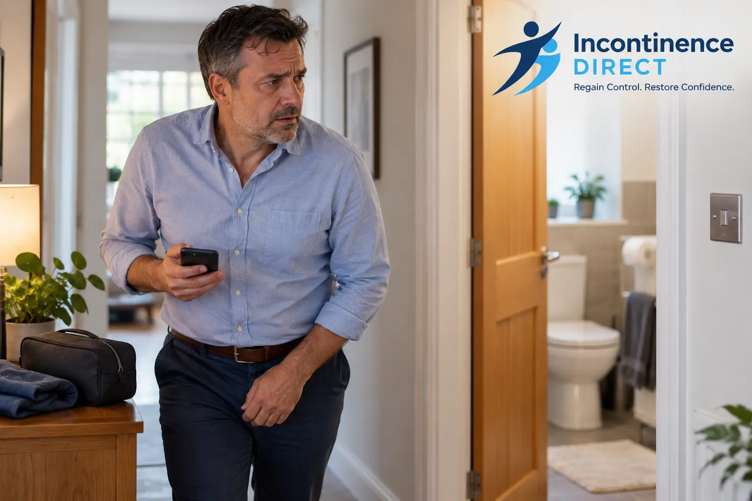 Worried Man Near Open Bathroom affected from faecal incontinence safety tips from incontinence direct Milton Keynes