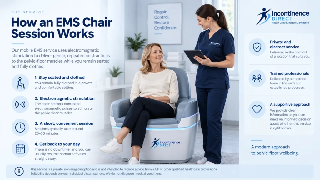 Illustration showing an EMS chair session at Incontinence Direct Milton Keynes