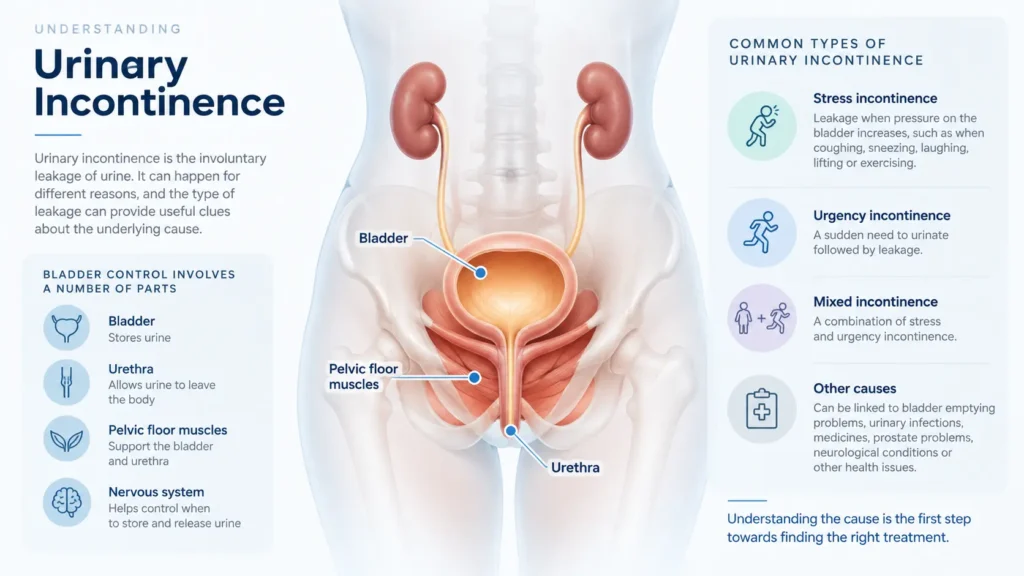 incontinence direct Milton Keynes infographic on urinary incontinence symptoms reasons and treatment options